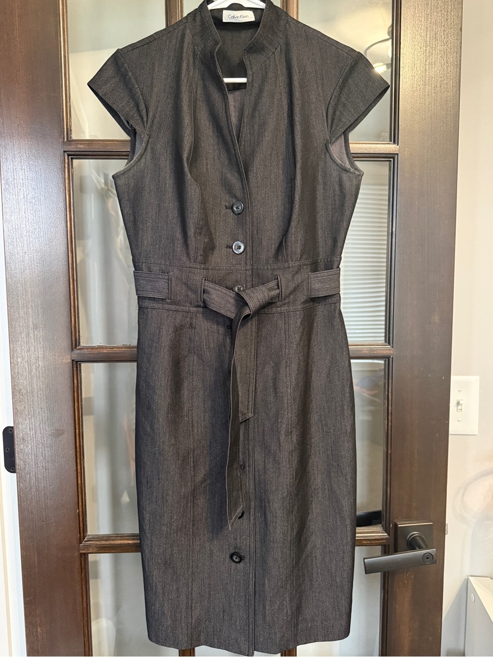 Calvin Klein Dark Gray Cap-Sleeve Button-Front Sheath Dress Tie Waist - Small - Picture 3 of 6